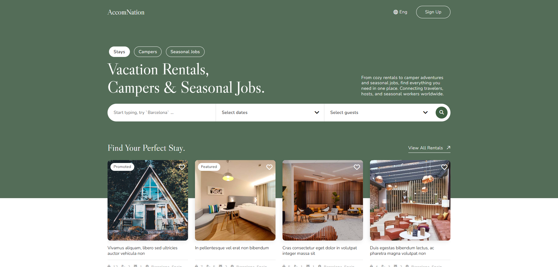 Accommodation Nation homepage preview with vacation rentals, camper rentals, and seasonal jobs